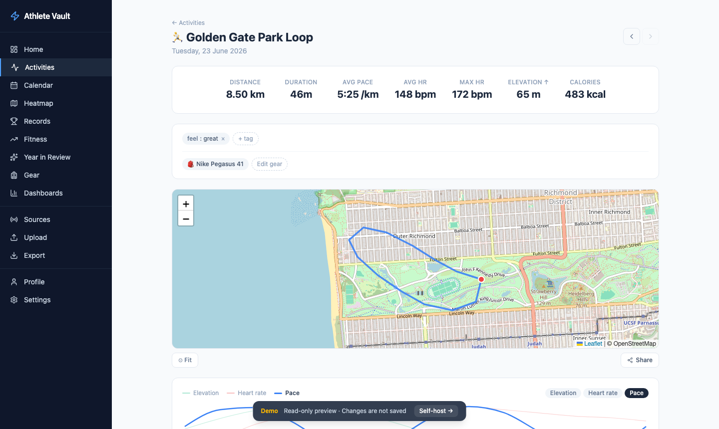 Activity detail with GPS map and pace chart